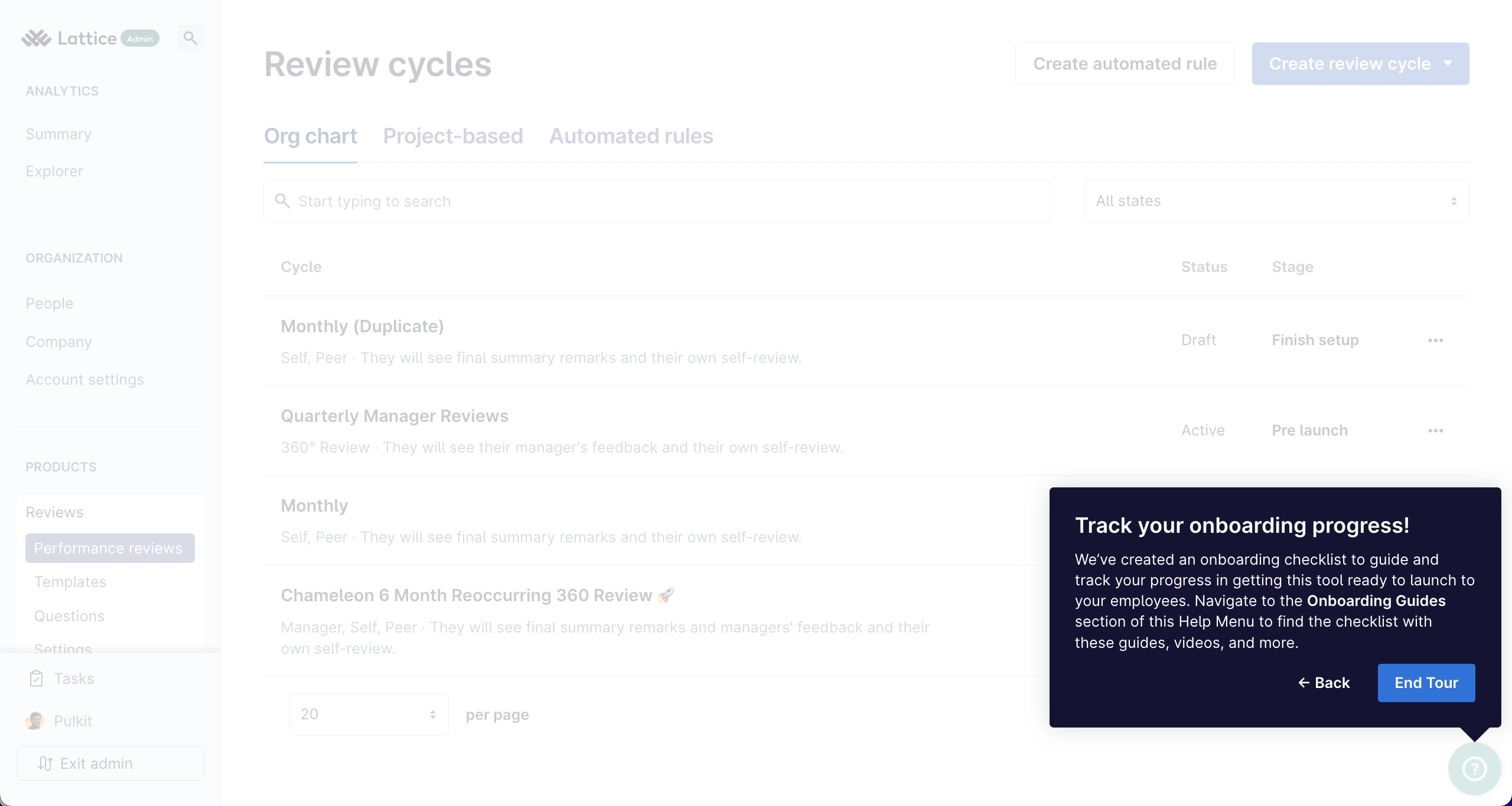 Lattice's Review Cycles screen with a feature announcement tour step with a shroud.