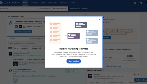 A LinkedIn Sales Navigator announcement modal introducing a new feature, with an illustration and a 'Start building' CTA.