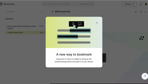 A Reforge feature announcement lightbox introducing a new bookmarking feature, with an illustration of a cursor activating the bookmark control.