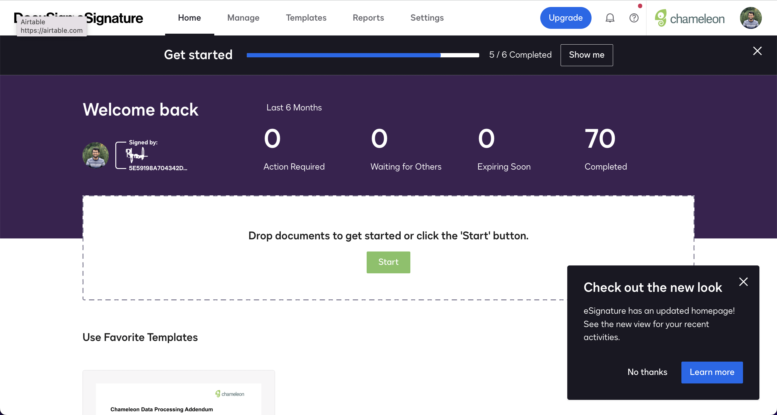 An in-app redesign announcement on DocuSign's eSignature dashboard.