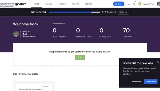 An in-app redesign announcement on DocuSign's eSignature dashboard.