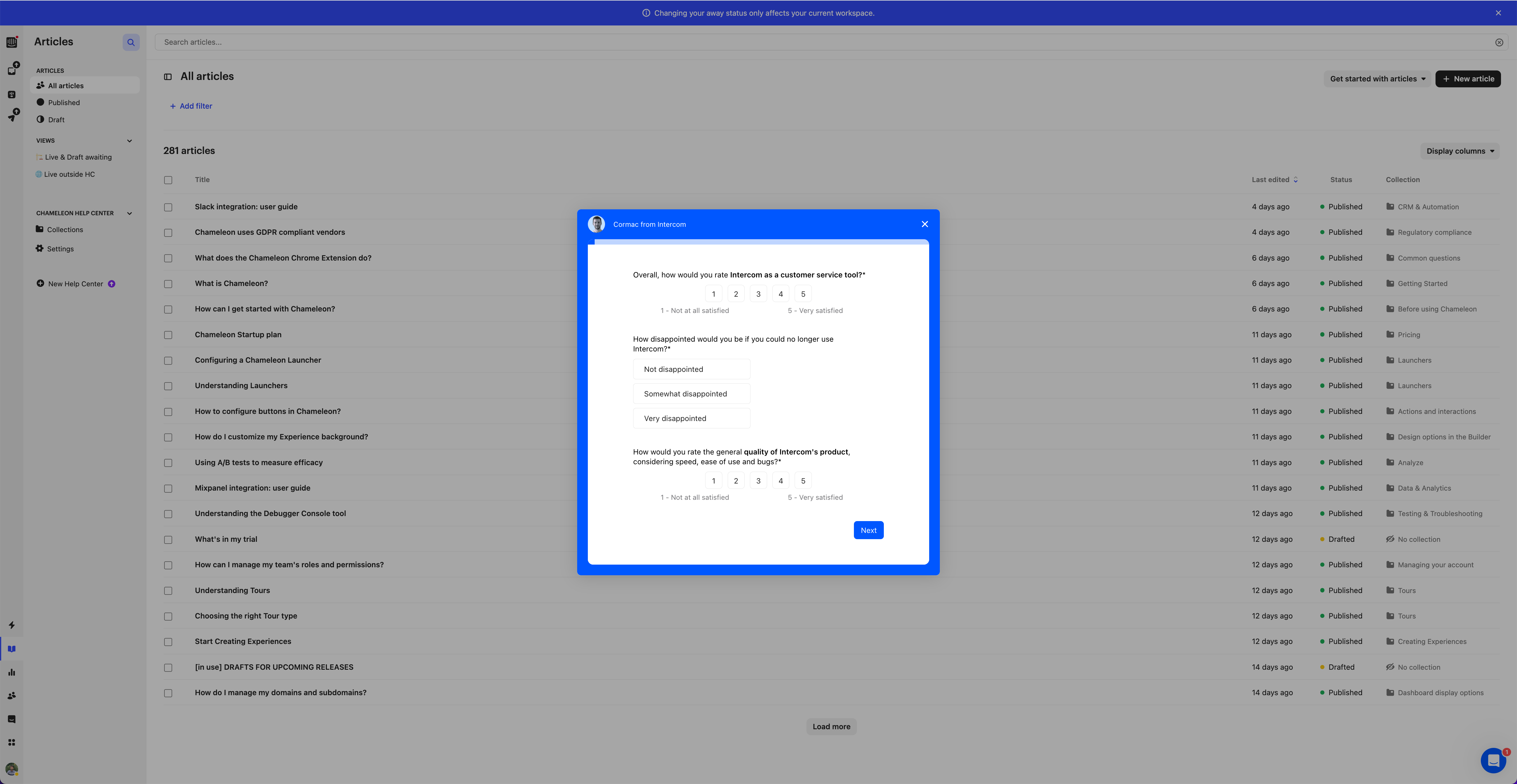 A multi-question satisfaction microsurvey overlaid on a product dashboard, collecting ratings on service quality and retention sentiment.