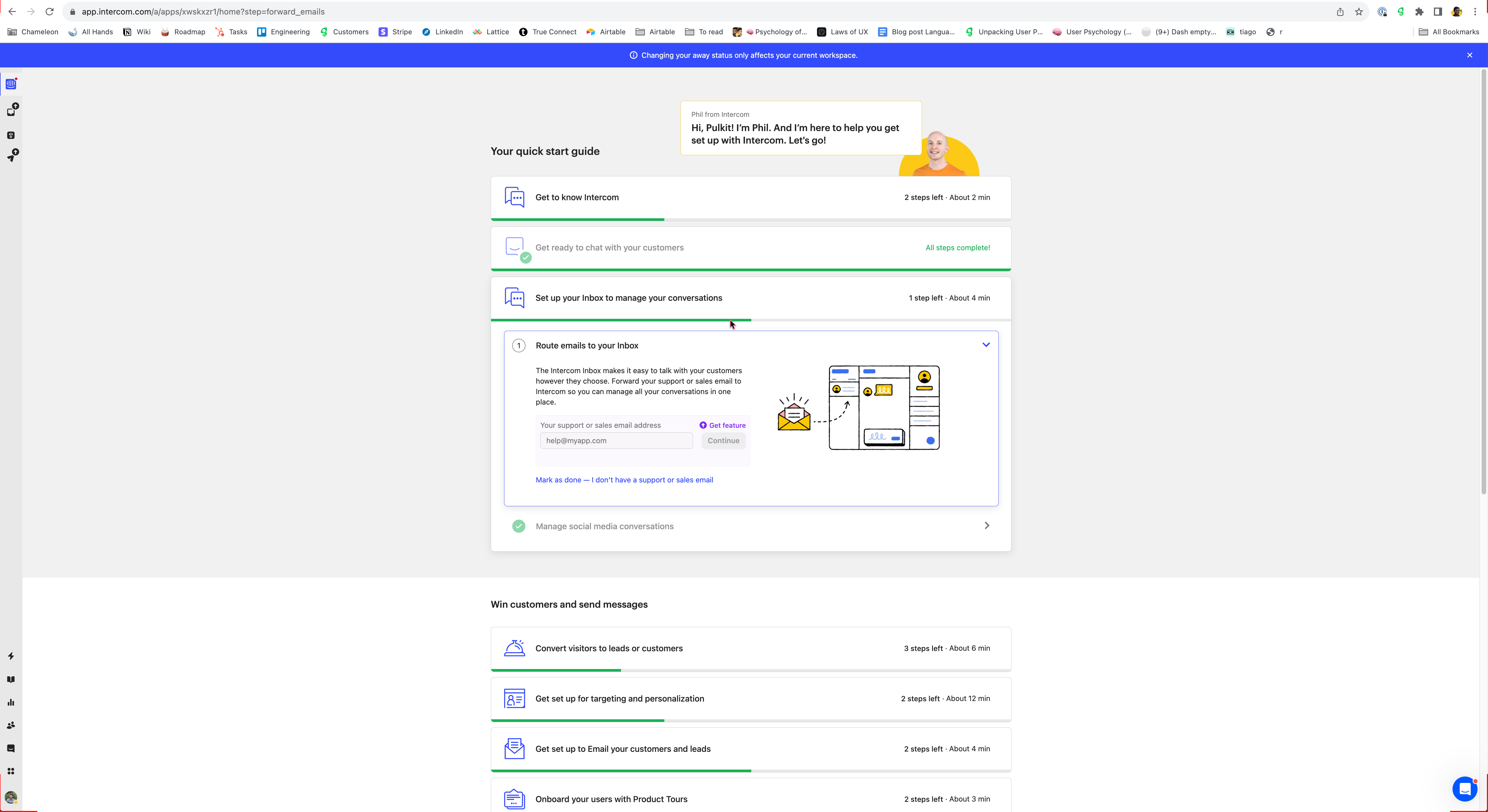 Intercom's quick start guide showing onboarding tasks grouped by theme with progress bars, alongside a welcome bot announcement.