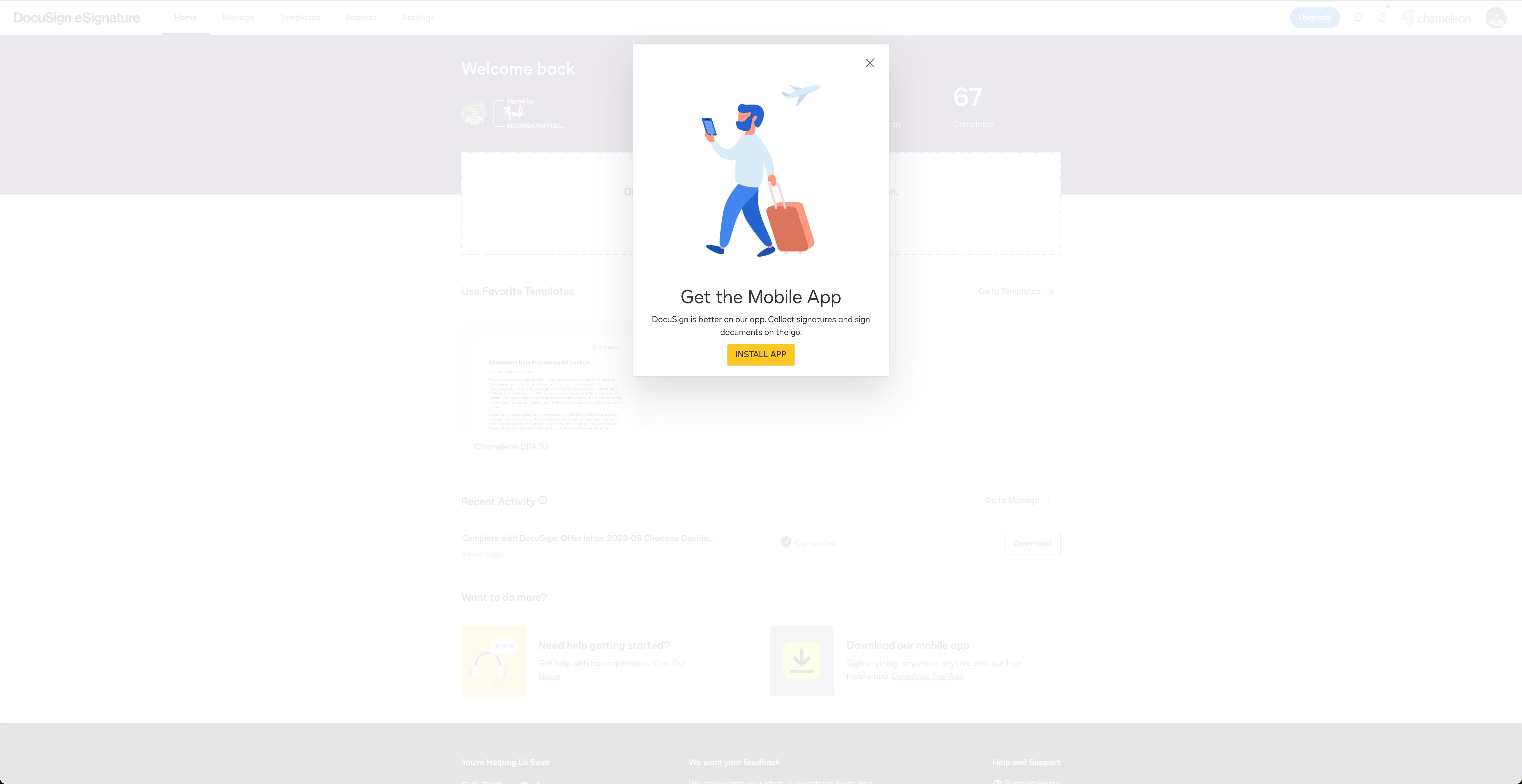 A DocuSign modal promoting mobile app adoption, with a traveler illustration and an 'Install App' CTA.