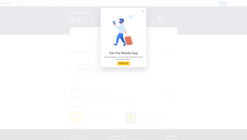 A DocuSign modal promoting mobile app adoption, with a traveler illustration and an 'Install App' CTA.