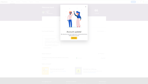A DocuSign upsell modal prompting users to add seats to their plan, with an illustration.