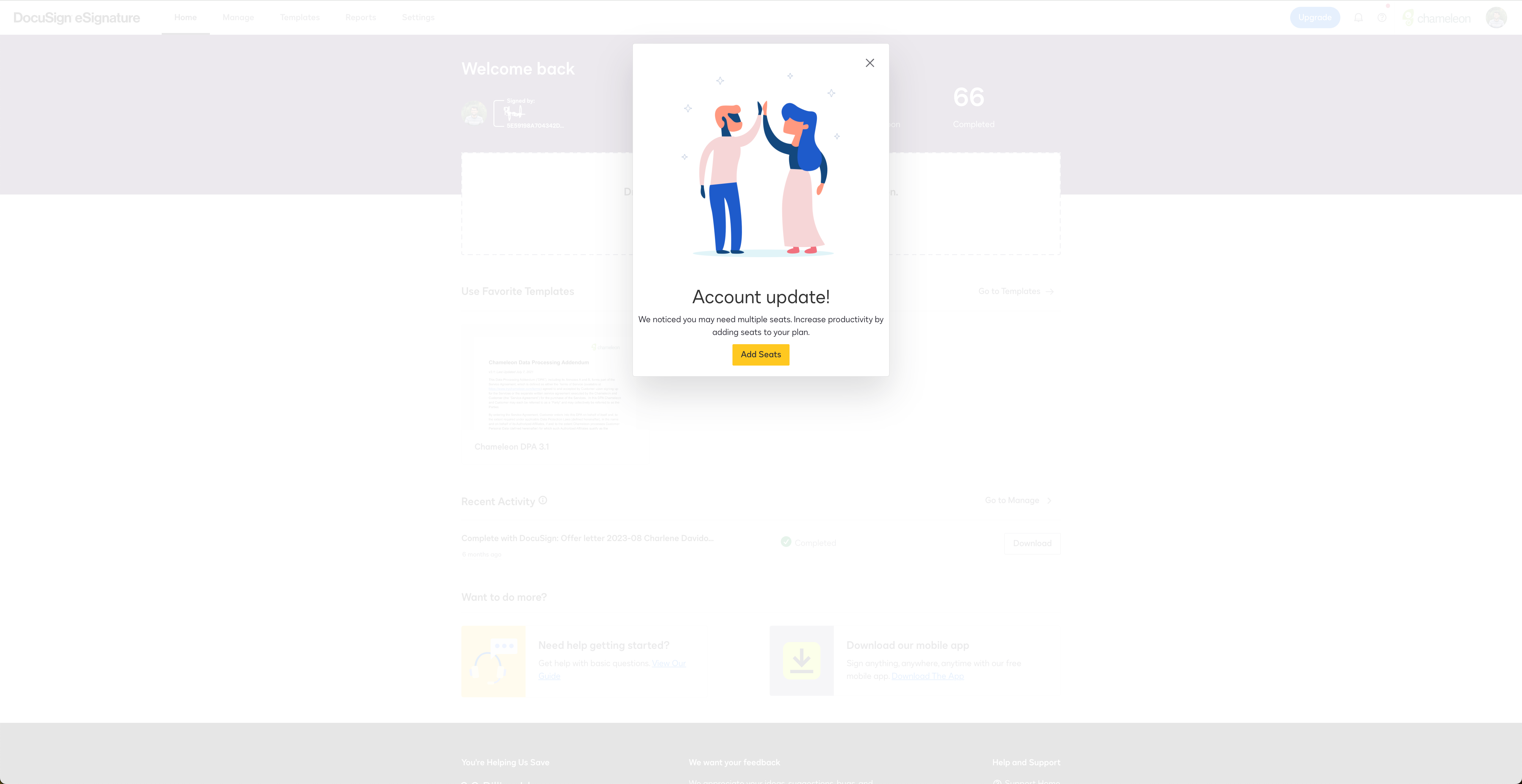 A DocuSign upsell modal prompting users to add seats to their plan, with an illustration.