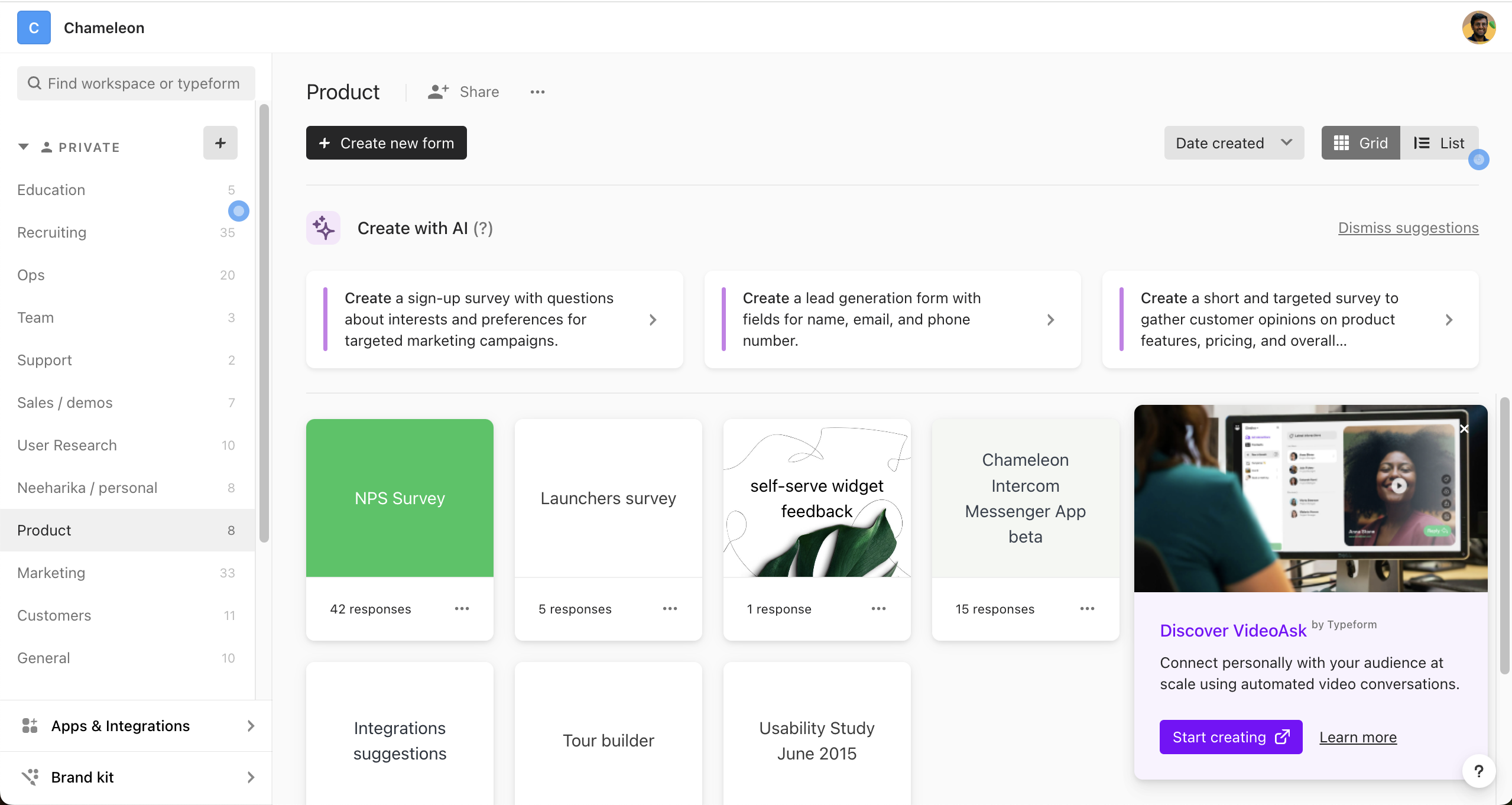 A Typeform in-app upsell for a companion product, with a video preview and CTA buttons