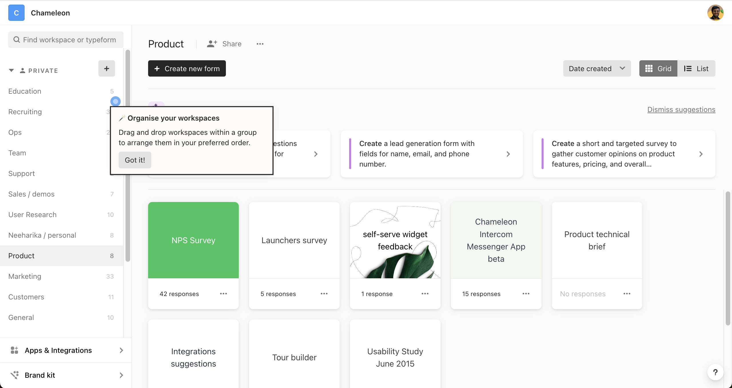 A tooltip in the Typeform interface guiding users to organize workspaces.