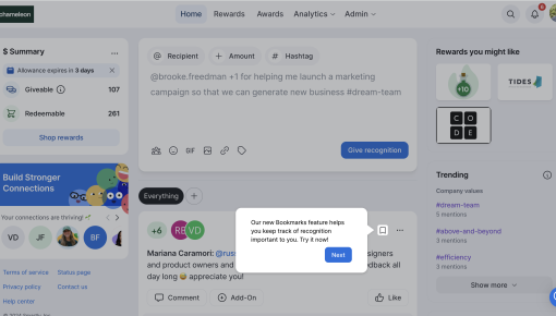 A feature announcement tooltip on Bonusly's platform introducing a bookmarking feature.