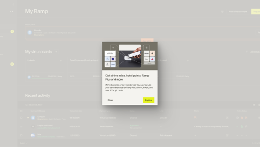 A feature announcement overlay on Ramp's expense management dashboard, introducing a new rewards hub.