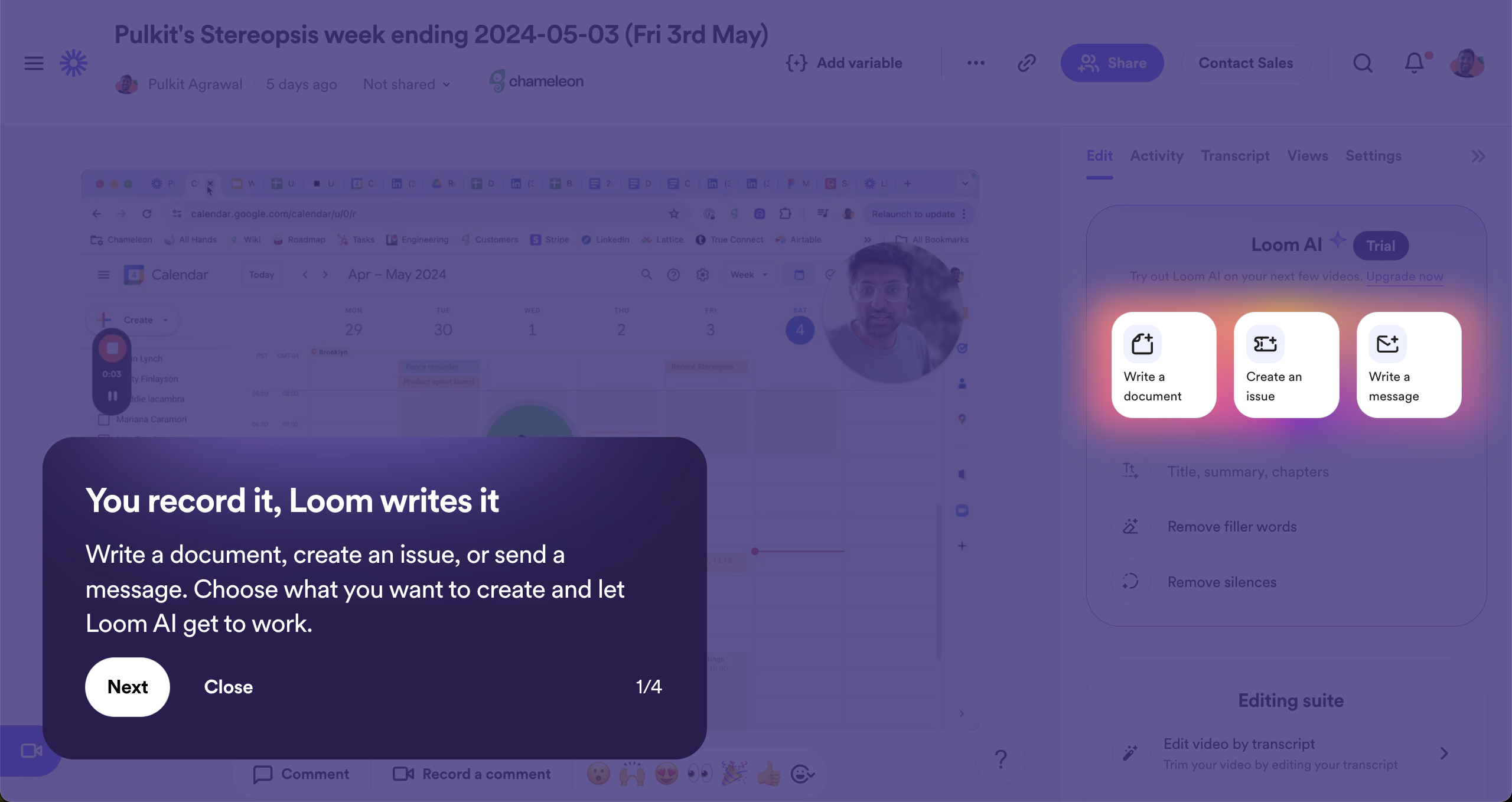 A step in a Loom product tour announcing AI-powered content generation from recordings.
