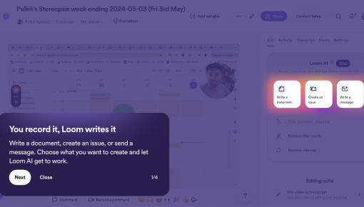 A step in a Loom product tour announcing AI-powered content generation from recordings.