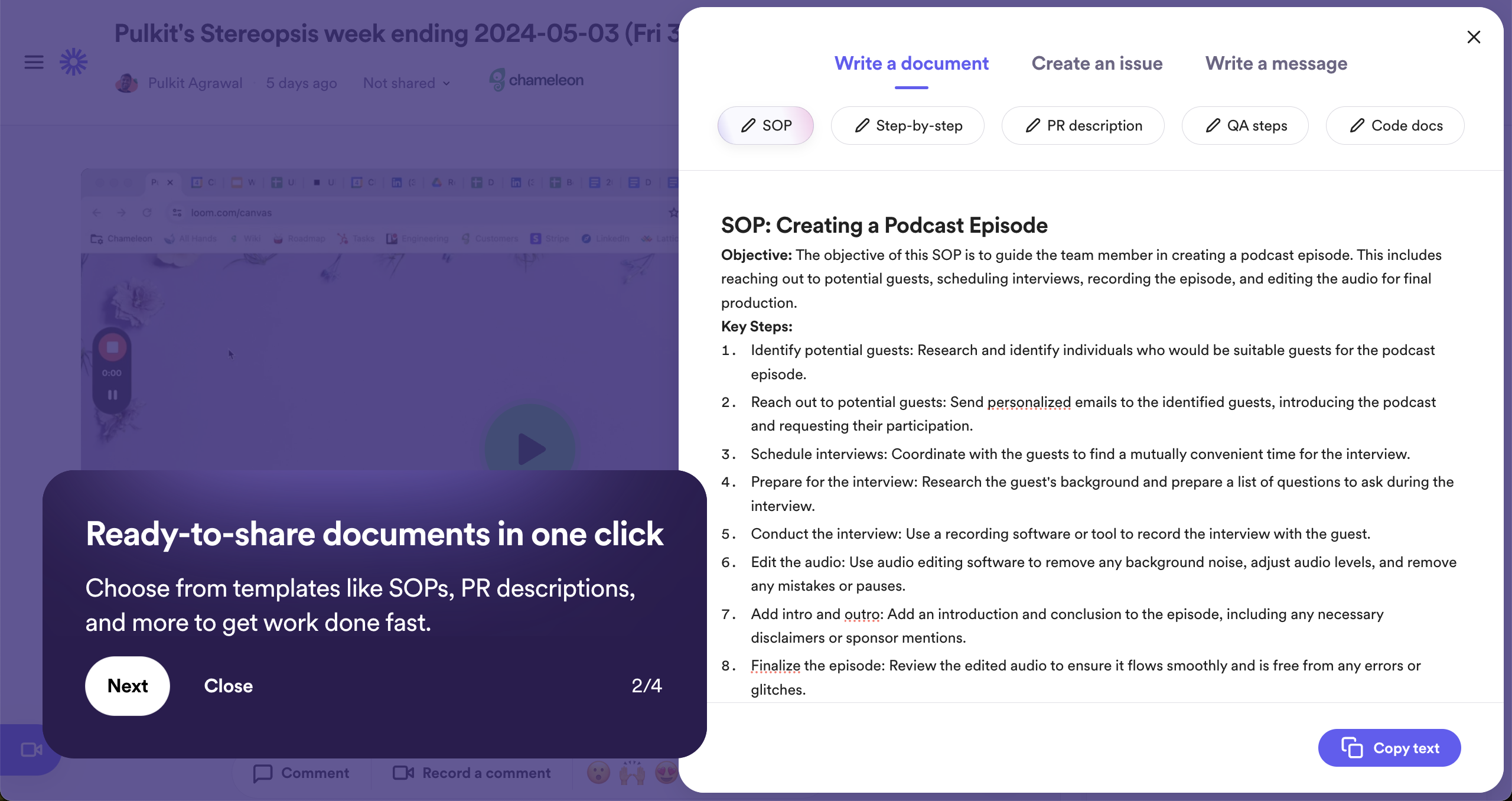 A step in a product tour on Loom announcing an AI writing feature.