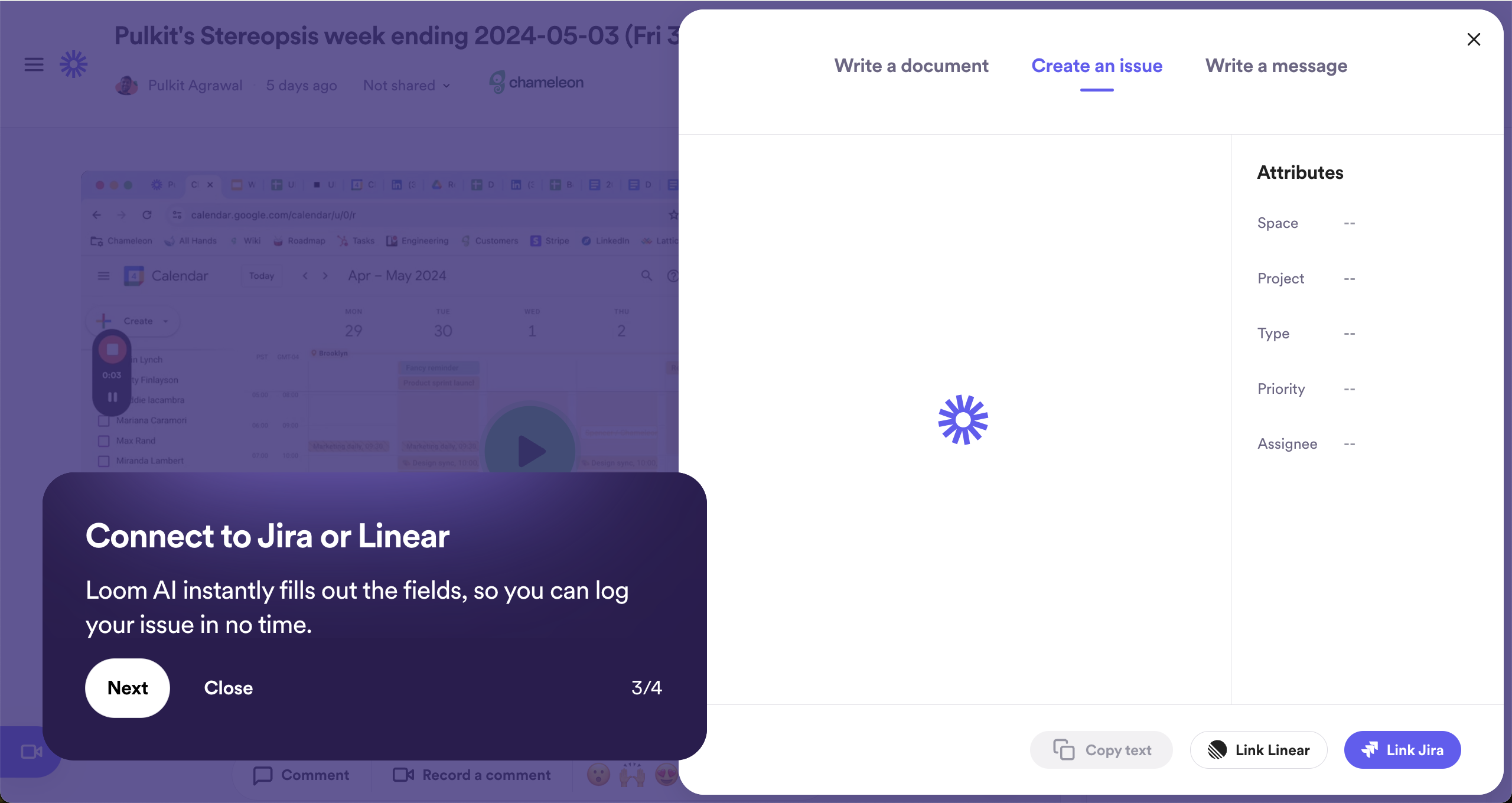 A feature announcement tour step prompting users to connect to Jira or Linear so Loom AI can auto-fill issue fields.