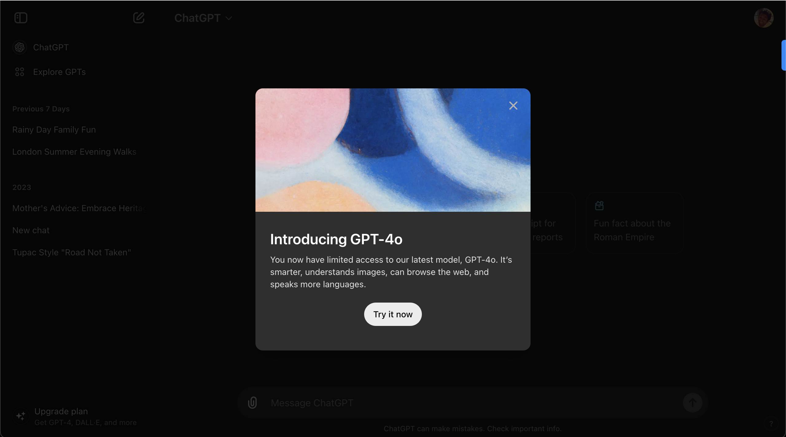 A ChatGPT feature announcement modal introducing a new AI model, with an abstract colorful illustration and a 'Try it now' button.