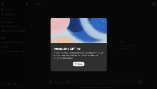 A ChatGPT feature announcement modal introducing a new AI model, with an abstract colorful illustration and a 'Try it now' button.