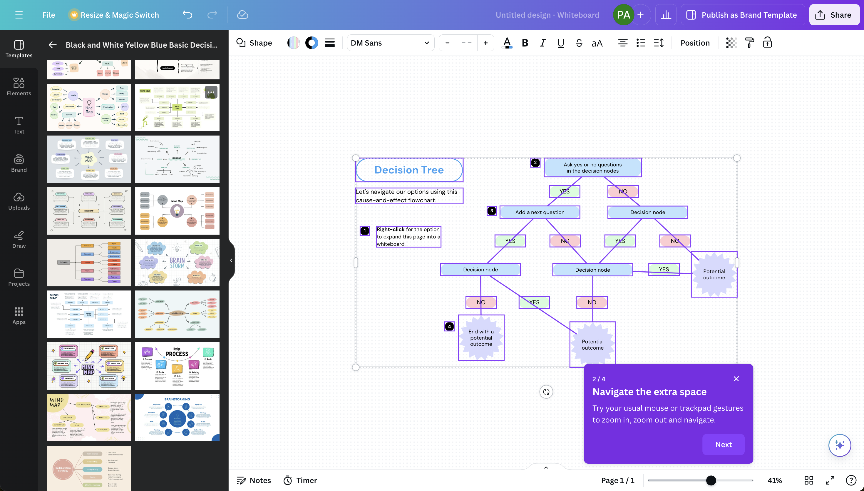 A step in a Canva product tour guiding users through whiteboard navigation.