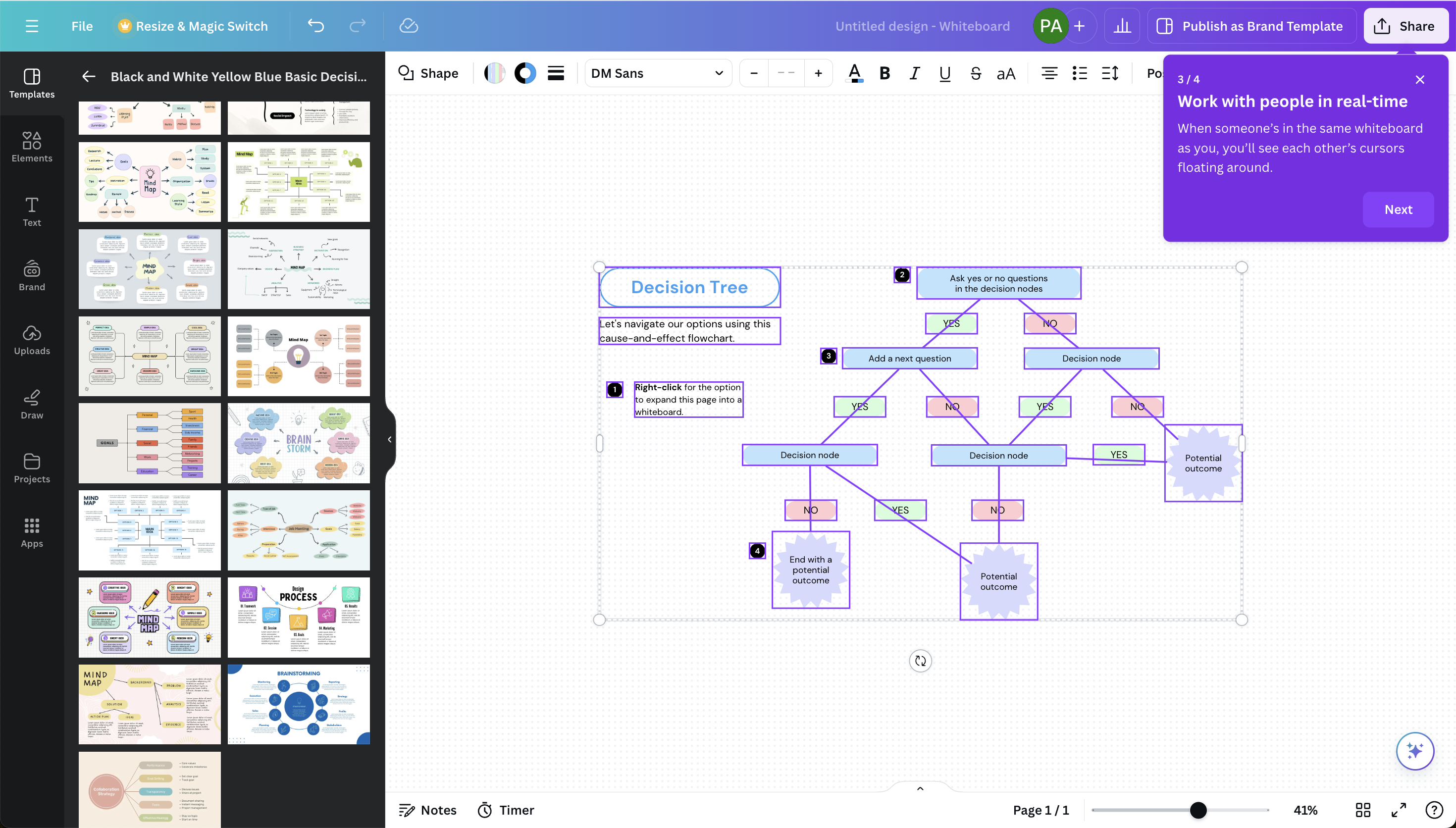 A tour step in Canva's whiteboard editor announcing real-time collaboration features.