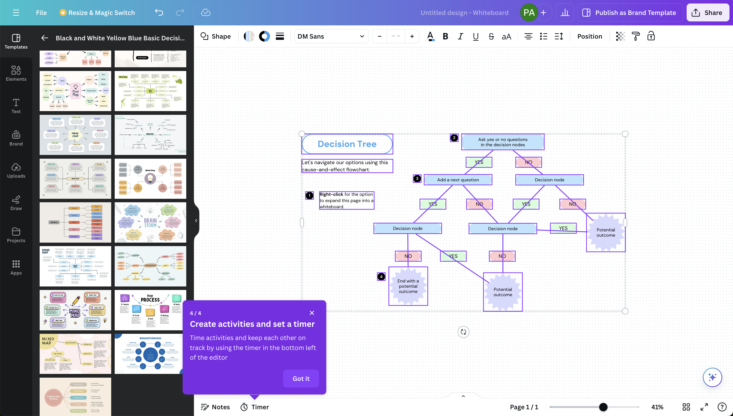 The final step of a Canva whiteboard product tour, with guidance on using the timer feature.