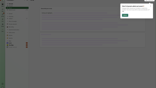 A Slack toast notification confirming a completed setup step, with an 'All Set' CTA.