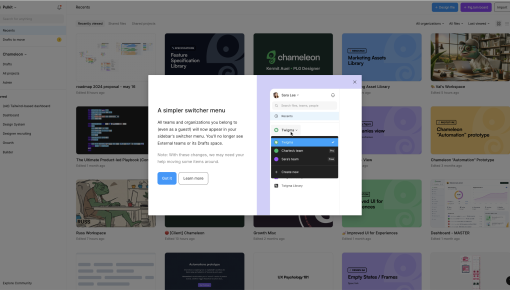 A Figma announcement modal notifying users of a navigation redesign, with 'Got it' and 'Learn more' CTAs.