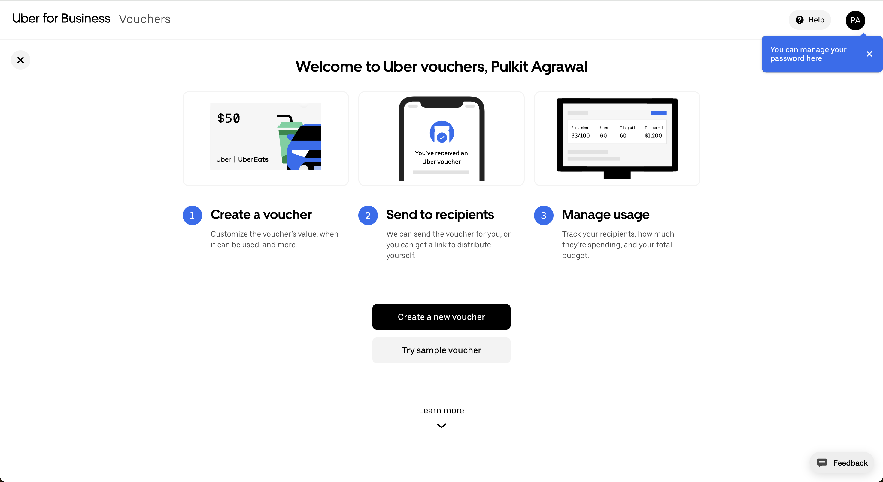 The Uber for Business Vouchers onboarding welcome screen walking users through three steps to create, send, and track vouchers, with options to get started or try a sample.