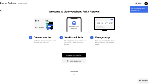 The Uber for Business Vouchers onboarding welcome screen walking users through three steps to create, send, and track vouchers, with options to get started or try a sample.