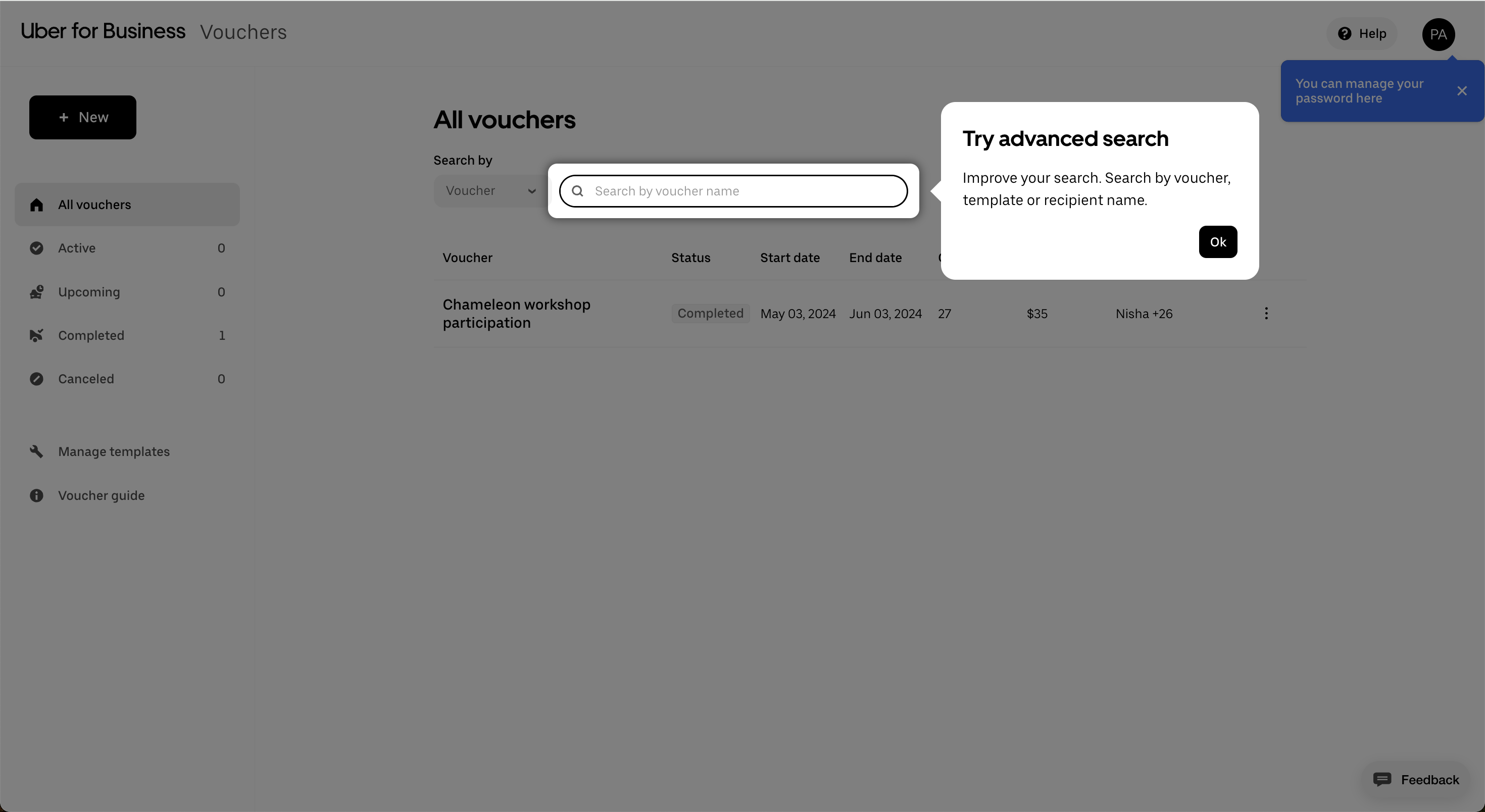 A tooltip in Uber for Business introducing a search feature for vouchers.