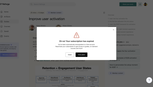 A Reforge modal notifying users their subscription has expired and prompting reactivation with a 