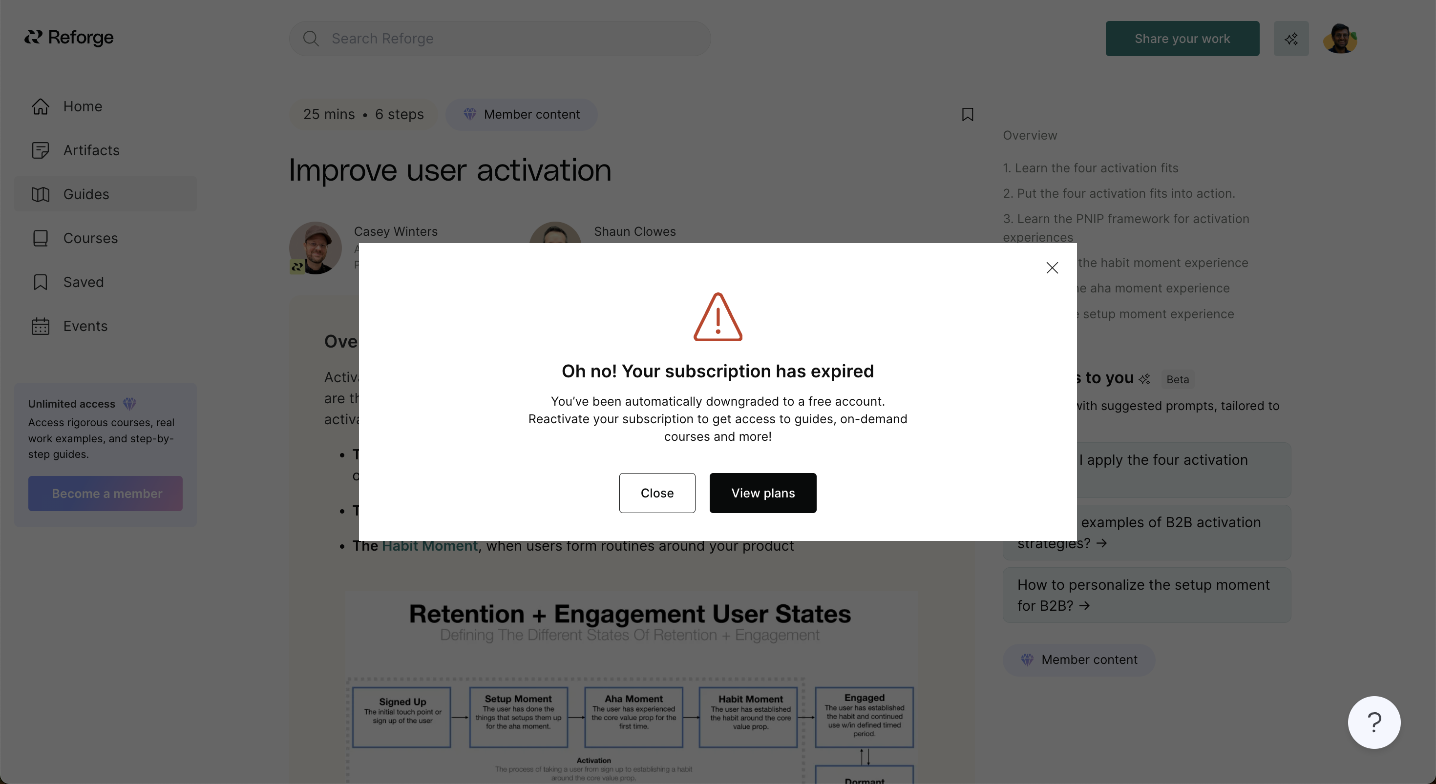 A Reforge modal notifying users their subscription has expired and prompting reactivation with a 