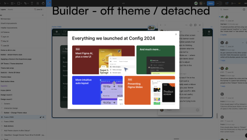 A Figma feature announcement modal presenting multiple new product launches in color-coded blocks