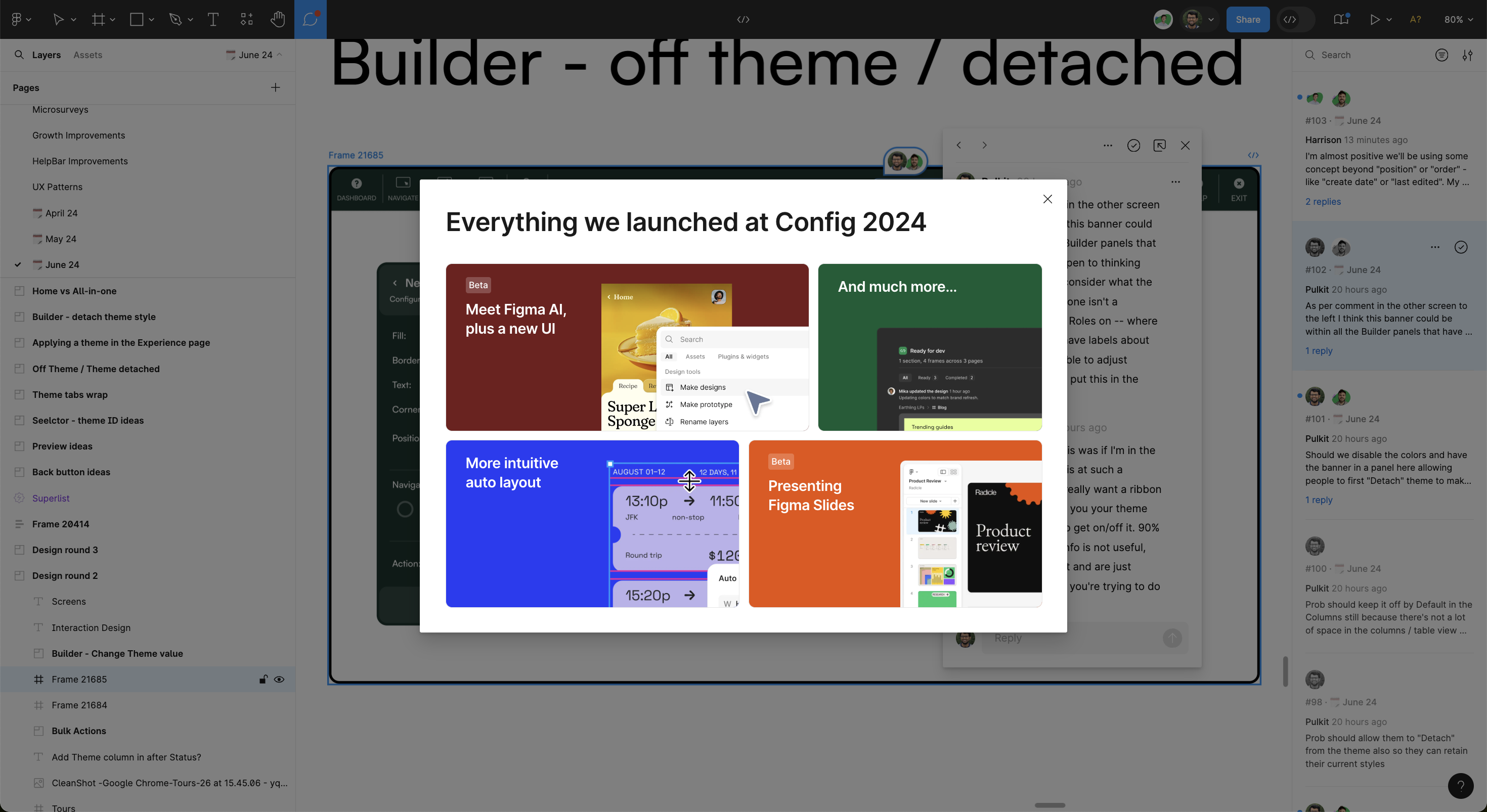 A Figma feature announcement modal presenting multiple new product launches in color-coded blocks