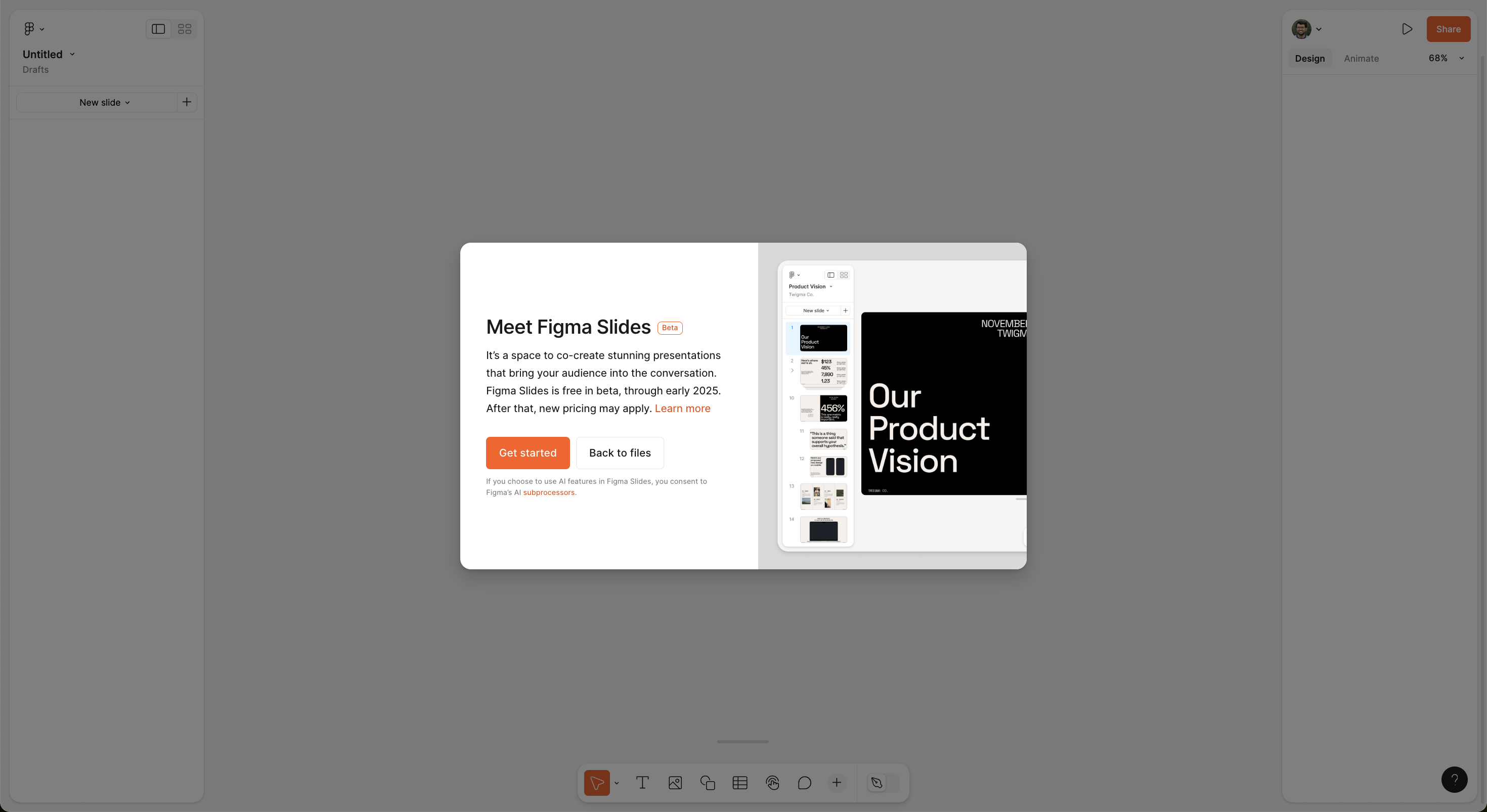 A Figma modal announcing Figma Slides, a beta feature for collaborative presentations, with a 