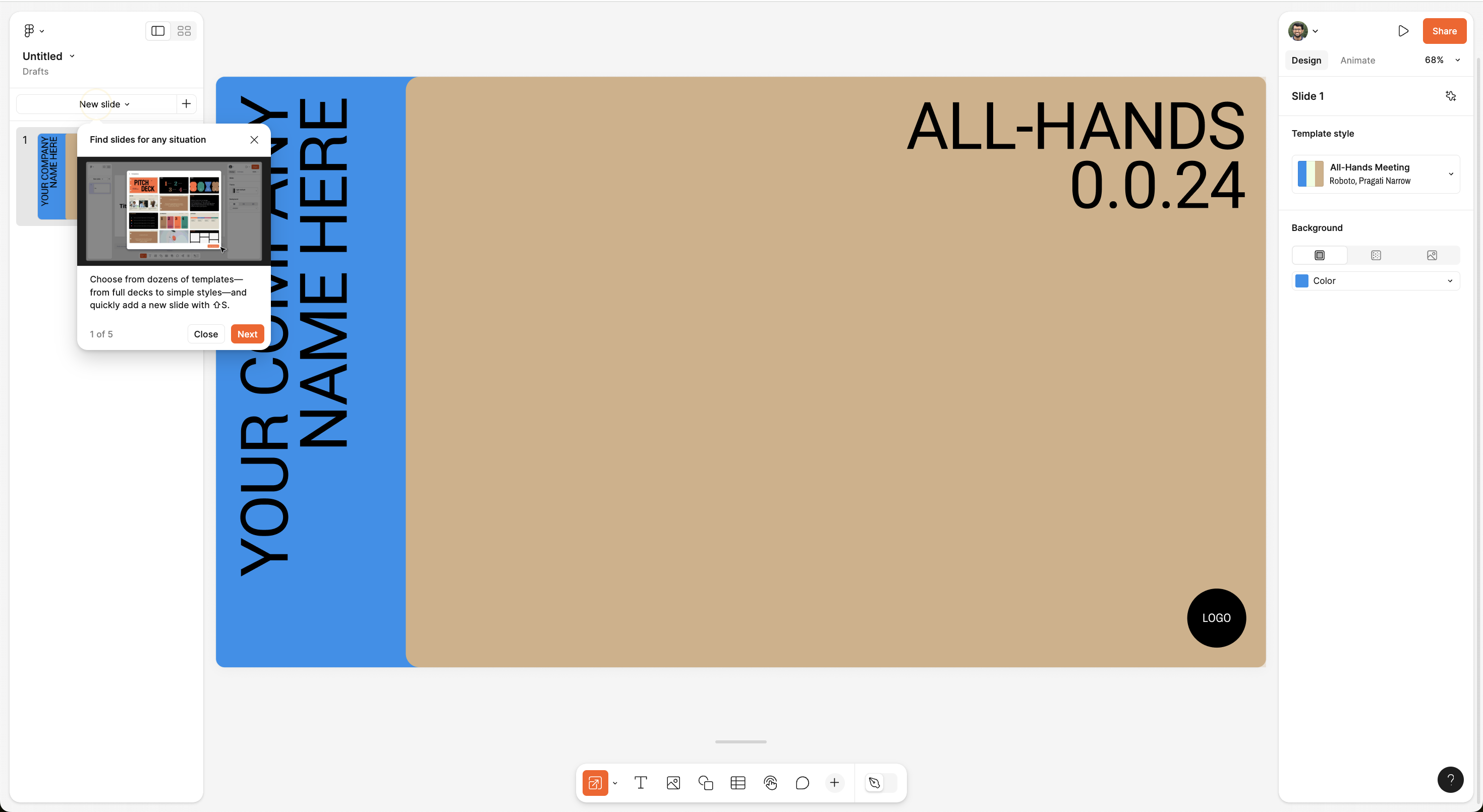 A step in a Figma product tour introducing template discovery, overlaid on the Figma slide editor.