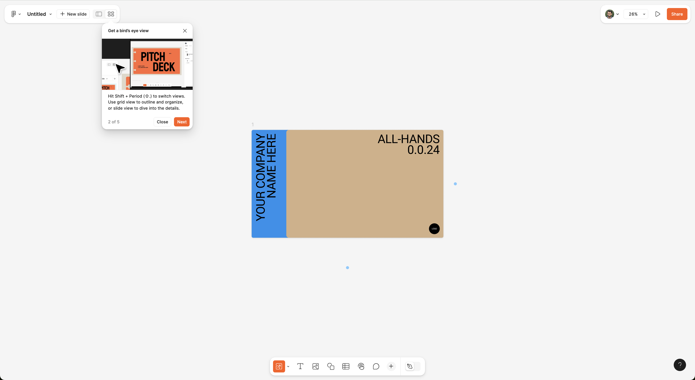 A Figma product tour step teaching view switching in the presentation editor, with a keyboard shortcut callout.