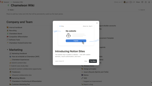 A Notion in-app feature announcement introducing a new website publishing capability, with a site preview and CTA buttons