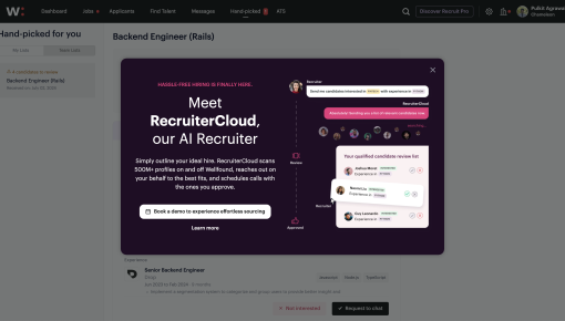 A Wellfound upsell modal introducing an AI recruiter feature, with a 