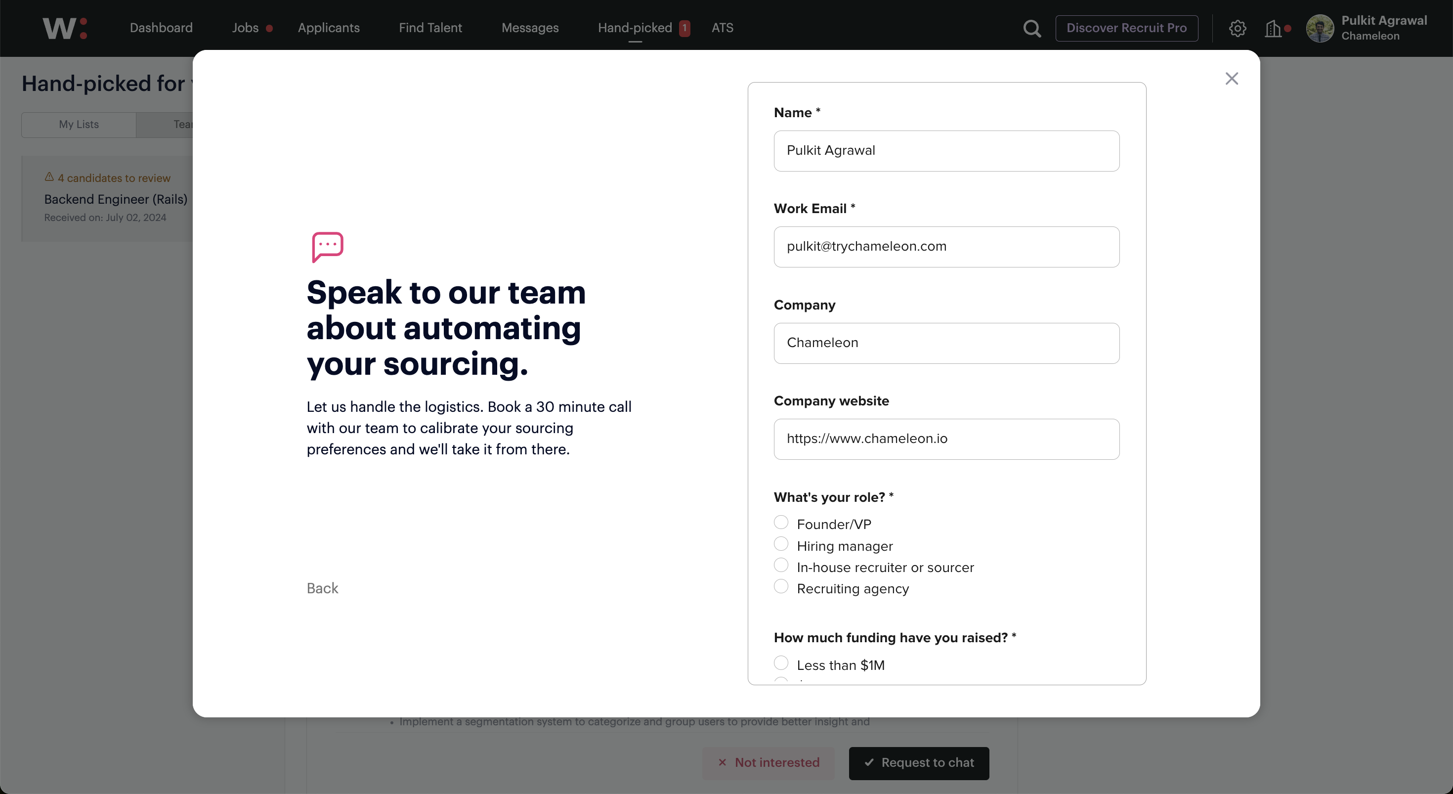 A Wellfound upsell modal prompting users to book a sales call to automate sourcing, with a lead capture form.