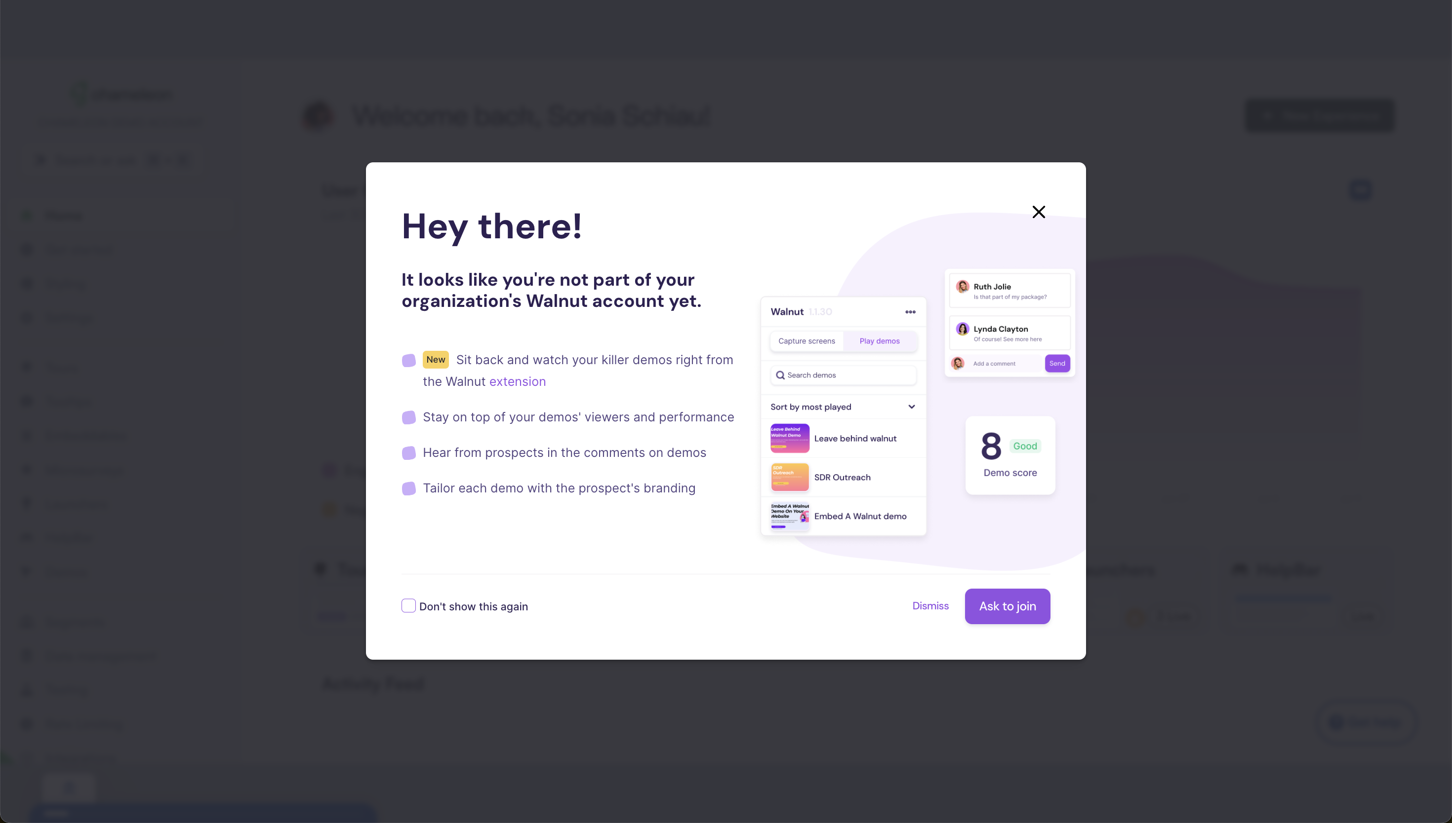 Walnut's onboarding modal prompting a user to request access to their organization's account, with an 'Ask to join' CTA.