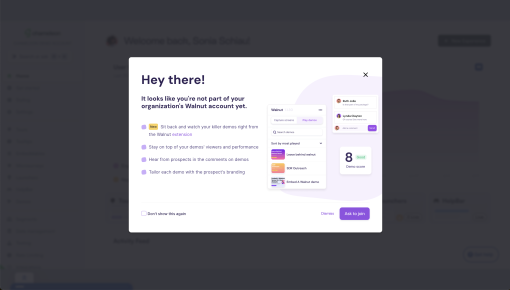 Walnut's onboarding modal prompting a user to request access to their organization's account, with an 'Ask to join' CTA.