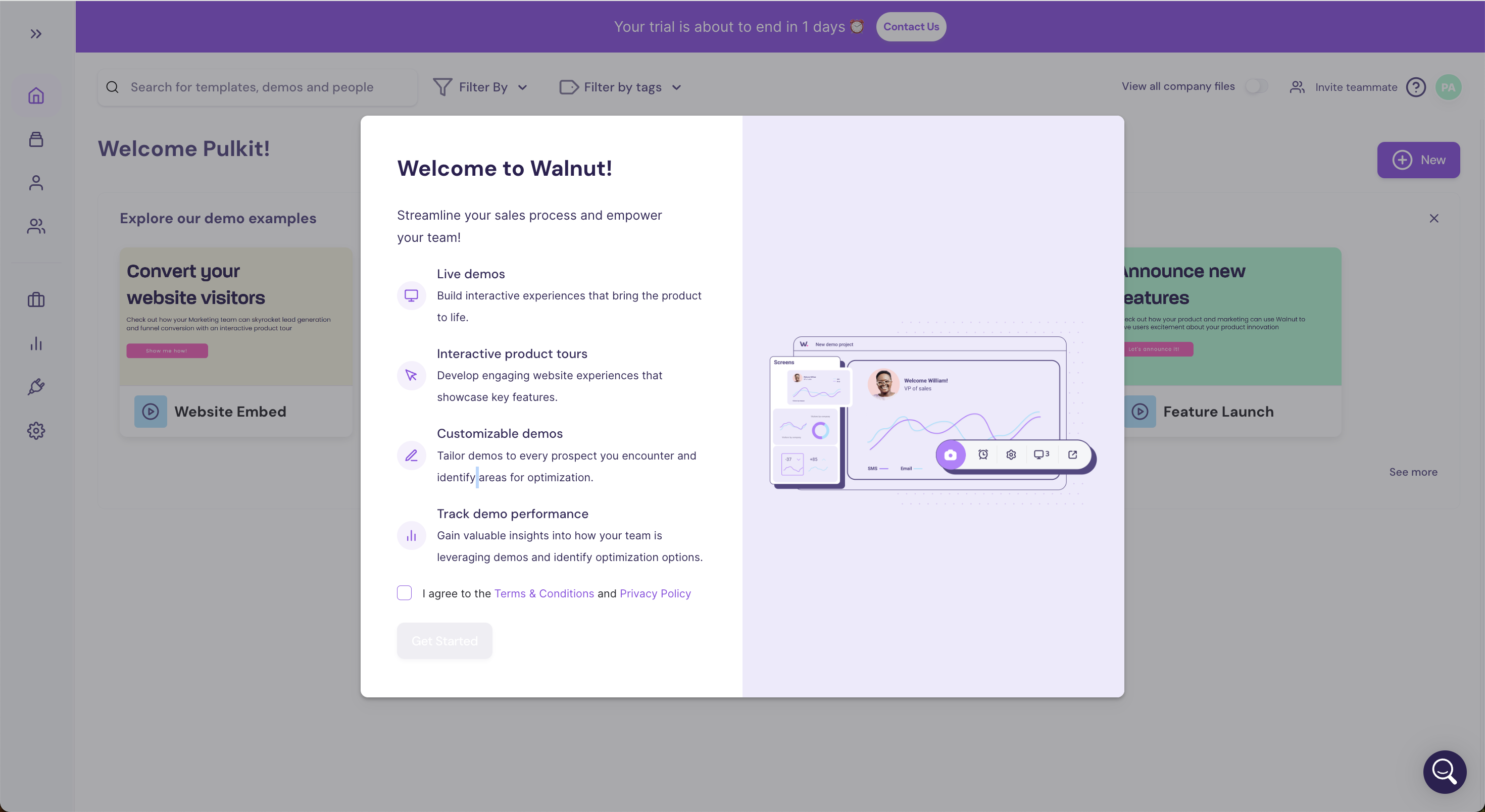 Walnut's onboarding modal welcoming a new user to the platform with a feature overview and a Get Started call-to-action.