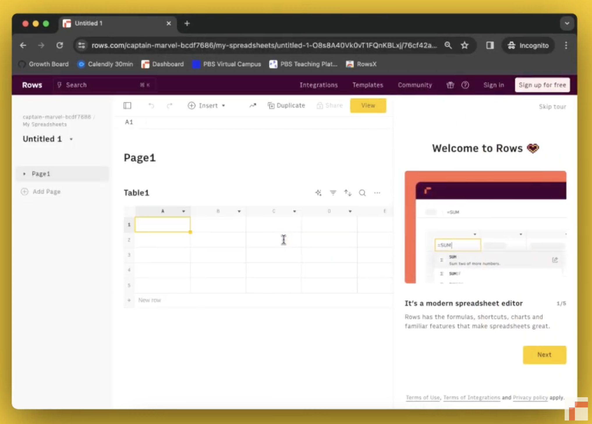 A step in the Rows product onboarding tour introducing the spreadsheet editor.