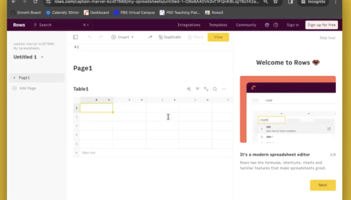A step in the Rows product onboarding tour introducing the spreadsheet editor.