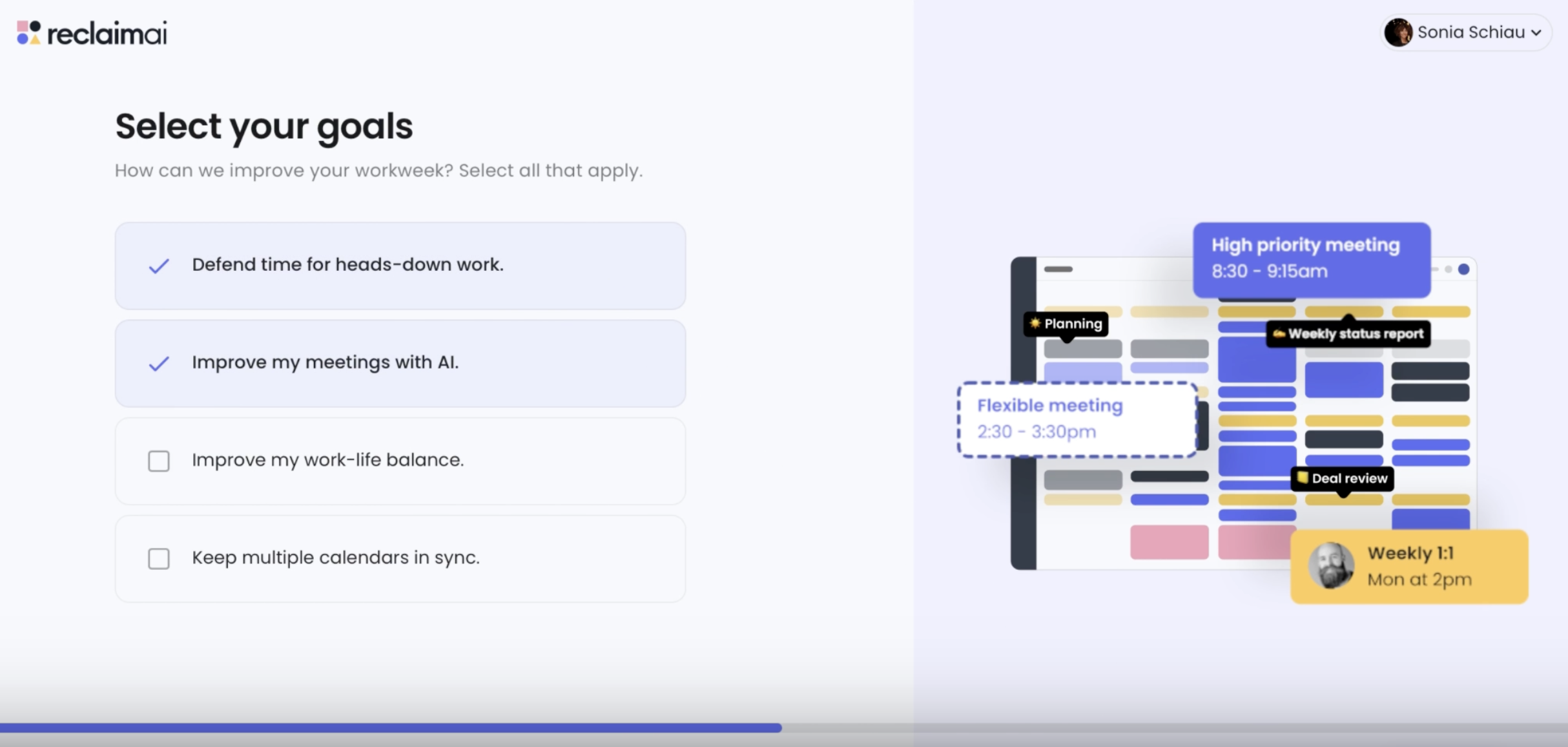 Reclaim.ai's onboarding goal-selection screen with 'Defend time for heads-down work' and 'Improve my meetings with AI' pre-selected.