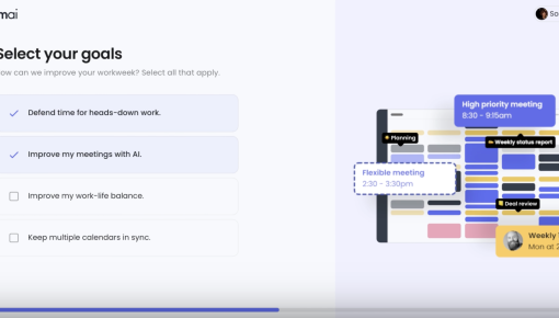 Reclaim.ai's onboarding goal-selection screen with 'Defend time for heads-down work' and 'Improve my meetings with AI' pre-selected.