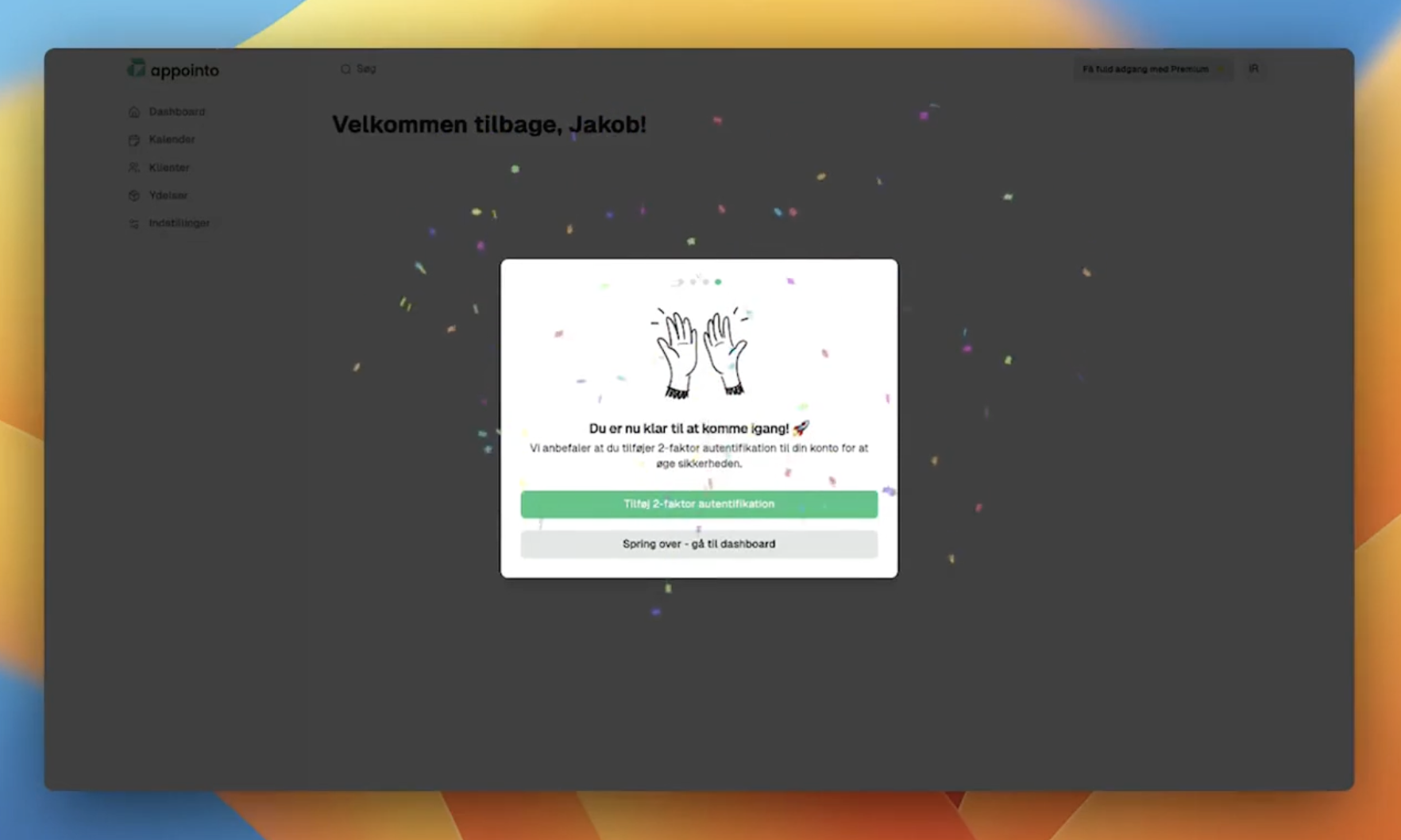 An Appointo onboarding modal prompting users to set up two-factor authentication, with a celebratory illustration and two action buttons.