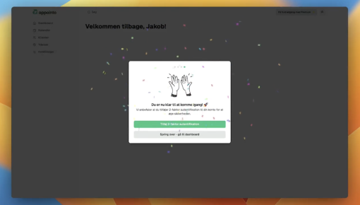 An Appointo onboarding modal prompting users to set up two-factor authentication, with a celebratory illustration and two action buttons.
