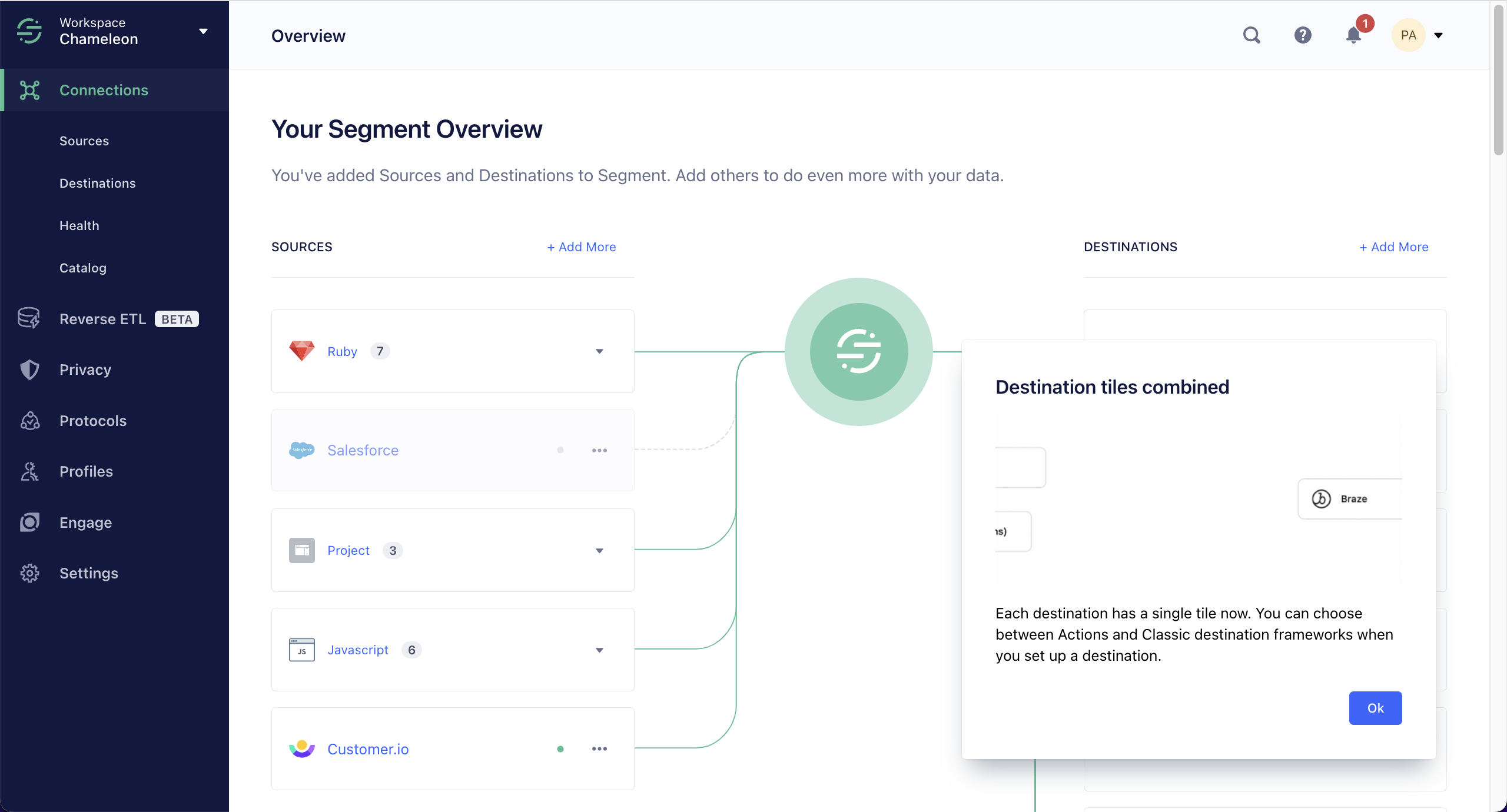 A Segment single-step tour announcing a feature change, shown on the Connections overview page.
