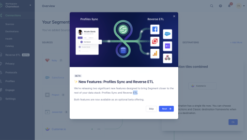 A modal in Segment's interface announcing new beta features